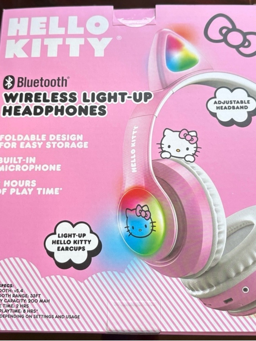 Hello Kitty Pink Bluetooth Headphones with Rainbow Light-Up Earcups